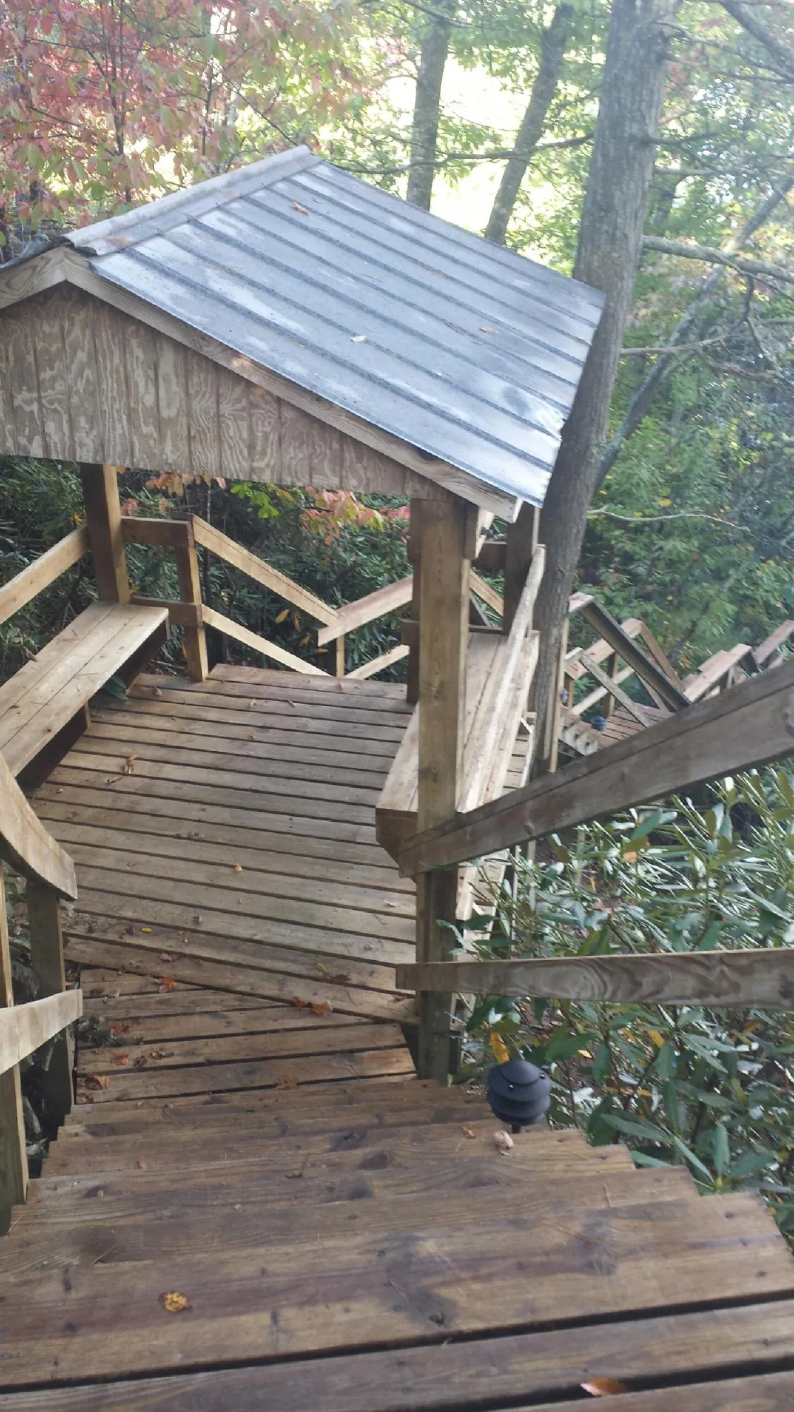 Metal roofed shelter over wooden steps on a wooded walkway — Skylight Repair & Installation work by our crew in Stewart